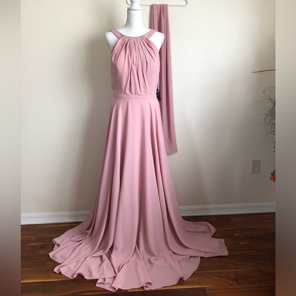 Terani Couture gown NEW powder Pink Bow open back chiffon fit & Flare Crew neck